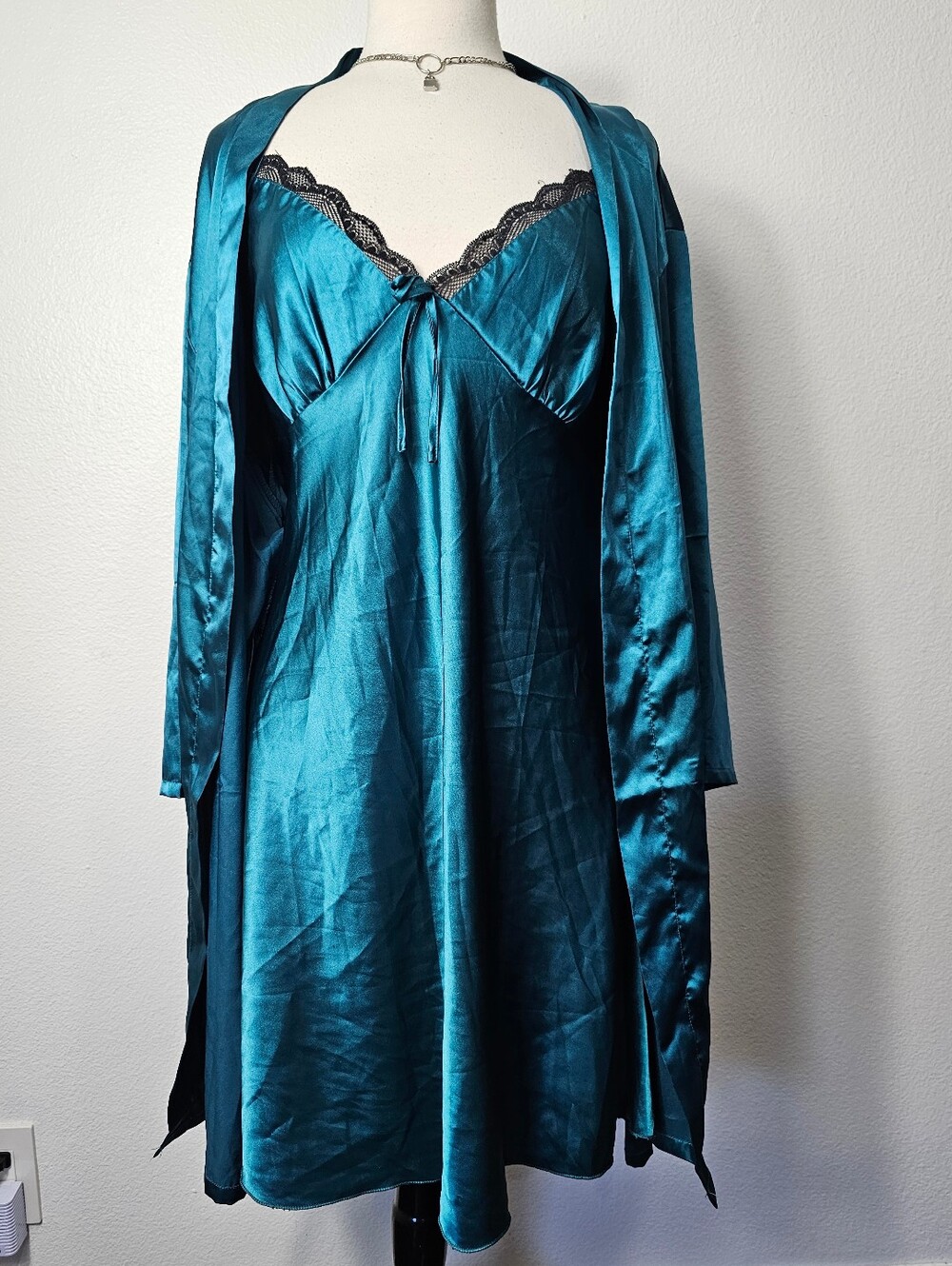Satin Teal Lace-Trim Nightgown & Robe Set